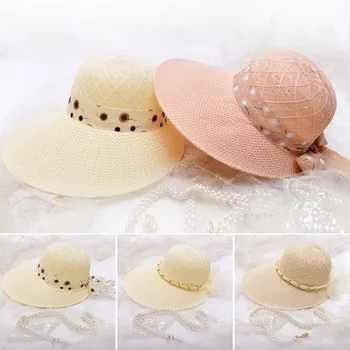 Yaz Güneş Koruyucu Hasır şapka Kadınlar İçin Geniş Ağız İlmek güneş şapkaları Zincir Şerit Panama Kapaklar Bayanlar Açık Seyahat plaj şapkası