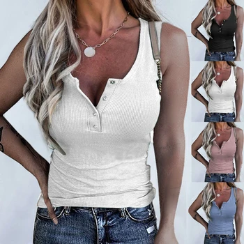 Yaz Kadın Yelek Seksi Kolsuz Derin V Boyun Düğmeleri Düz Renk İnce Bluz T-shirt Streetwear Robe Femme 2023 Tankları