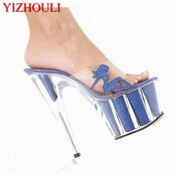 Yaz pembe kristal 17 cm yüksek topuklu moda kadın ayakkabısı, güzel dekoratif kristal kutup dans dans performansı terlik