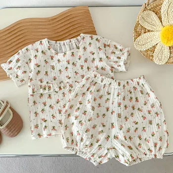 Yaz Toddler Bebek Kız Giysileri Takım Elbise Kısa Kollu Pamuklu baskılı tişört + Şort 0-3Yrs Bebek Bebek Kız Giyim Seti
