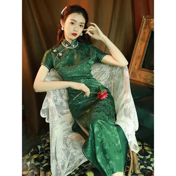Yaz Vintage kadın Yeşil Siyah Koyu Desen Cheongsam Geleneksel Elbise Retro Çin Tarzı Zarif Ince Seksi Parti Qipao