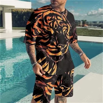 Yaz Yeni Streetwear erkek tişört Şort 2 Parça Takım Elbise Spor Koşu plaj tişörtü 3D Baskılı Nefes Rahat Kısa Kollu