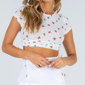 Yaz Çiçek Baskılı Kırpma Üstleri Bandaj Kadınlar Casual O-Boyun Y2k T-shirt Tüm Maç İnce Basit Tees Tatlı Sevimli Streetwear