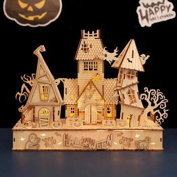 Yeni 3D Ahşap Bulmaca Cadılar Bayramı Ev Yapı Taşları Tuğla Kiti Eğitici çocuk oyuncakları Çocuklar için Noel doğum günü hediyesi