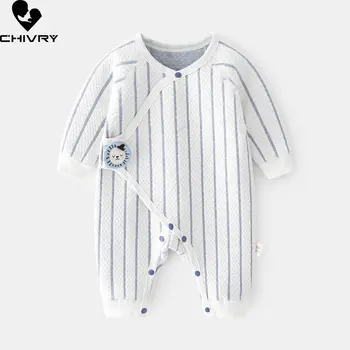 Yeni Bahar Yenidoğan Bebek Erkek Kız pamuk tulumlar Uzun Kollu Düğme Karikatür Çizgili Tulum Toddler Tulum Bebek Giyim