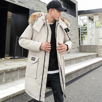 Yeni erkek Beyaz Aşağı Ceket Moda Kalınlaşmış Sıcak Uzun Yün Yaka Büyük Cep Safari şişme ceket erkekler Kadınlar Kore Tarzı Unisex