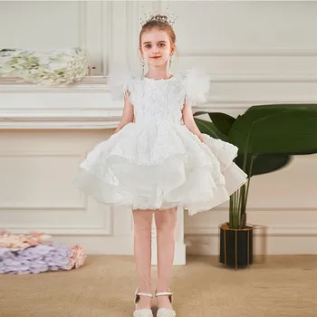 Yeni Fildişi Beyaz Çiçek Dantel Çiçek Kız Elbise O Boyun Diz Boyu Kolsuz Doğum Günü Partisi Elbisesi İlk Communion elbise