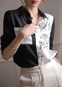 Yeni Gömlek kadın Sonbahar Stil Uzun Kollu Zayıflama High end Mürekkep Baskı Siyah ve Beyaz Eklenmiş Gömlek