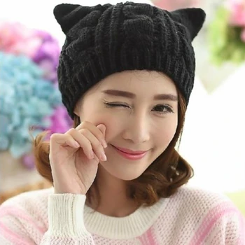 Yeni Kedi Kulak Şapka kadın Sonbahar Bere Büküm Kış Kasketleri Örme Şapka Japon Moda Kedi Kulak Yün Takke Kız Sevimli Skullies