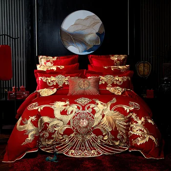 Yeni Kırmızı Lüks Altın Phoenix Loong Nakış Çin Düğün 100 % Pamuk Yatak Seti Nevresim çarşaf Yatak Örtüsü Yastık Kılıfı