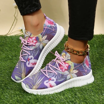 Yeni Moda Baskı Örgü Sneakers Kadınlar için Sonbahar Nefes Örgü koşu ayakkabıları Kadın Yumuşak Taban üzerinde Kayma Rahat Daireler Ayakkabı