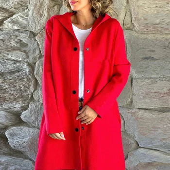 Yeni Sonbahar Kış Kadın Yün Ceket Moda Düz Renk Tek Göğüslü Kapüşonlu Ceket Rahat Gevşek Uzun Kollu Banliyö Dış Giyim