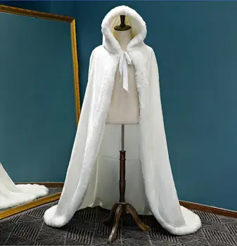 Yeni Sıcak Faux Kürk Trim Kış Gelin Pelerin Çarpıcı Düğün Pelerinler Kapşonlu Uzun Parti Sarar Ceket Gelin Beyaz / Fildişi Şal