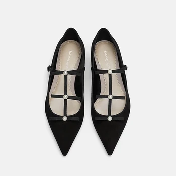 Yeni Tasarım Mary Janes Ayakkabı Kadın Yeni Siyah Seksi Dize Boncuk İnci Sivri düz ayakkabı kadın Mizaç Bale Tek Ayakkabı