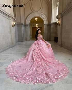 Yeni Varış Pembe 2023 Çiçek Balo Quinceanera Elbiseler İnciler 3D Çiçekler Vestidos De 15 Años Korse Elbise 16th Doğum Günü