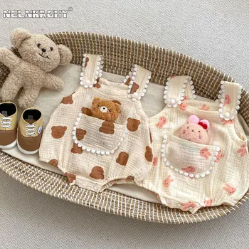 Yeni Yenidoğan Prenses Yaz Sling Baskı 3D Ayı Bebek Dış Giyim Bebek Çocuk Saf Pamuk Tulumlar Toddler Bebek Kız Bodysuits