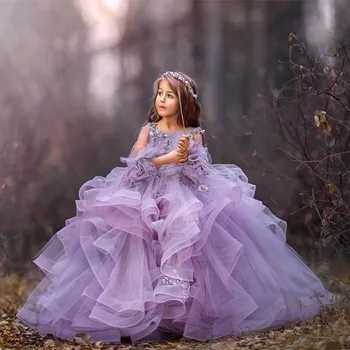 Yeni Çiçek Kız Elbise Düğün Için Dantel 3D Çiçek Aplike Küçük Kızlar Pageant Elbise Katmanlı Etekler Vestidos De Desfile