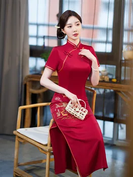 Yourqıpao Yaz Ipek Uzun Kırmızı Cheongsam Ziyafet Asil Retro Zarif Qipao Çince Geleneksel Akşam düğün elbisesi Kadınlar ıçin