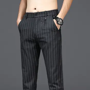 Yüksek Kaliteli Erkek Pantolon Siyah Dikey Çizgili Takım Elbise Pantolon Sonbahar Erkek Klasik Iş Elastik Bel Ince Ekose günlük pantolon