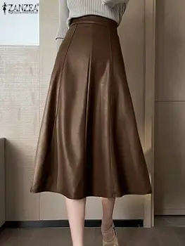 ZANZEA OL PU Suni Deri Faldas Mujer A-line Kore Moda Zarif Dikiş Midi Etekler Kadınlar 2023 Yüksek Bel Uzun Etek