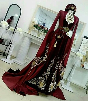 Zarif Kafkasya Akşam Elbise Yüksek Boyun Uzun Kollu Altın Nakış A-Line Fas Kaftan Müslüman Kadınlar Örgün Durum elbise