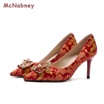 Zarif Nakış Taklidi İnci Düğün Ayakkabı Sivri Burun Pompaları Kadın Çin Tarzı Kırmızı gelin ayakkabıları İnce Topuk Yüksek Topuklu