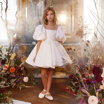 Zarif Puf Kollu Çiçek Kız Elbise Düğün için A-line Kısa Balo elbisesi Çocuklar için robe de fête de mariage düğün parti elbise