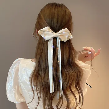Zarif Rhinestones Büyük Yay Tokalar Kız Şerit Uzun Püskül Taklidi Kafa Bandı saç tokası s Aksesuarları saç tokası KIZ İÇİN