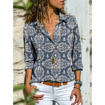 Zarif Vintage Paisley Baskı Gömlek 2021 Yeni Sonbahar Kış kadın Giyim Rahat Uzun Kollu Bluzlar Büyük Boy Üstleri Bayanlar