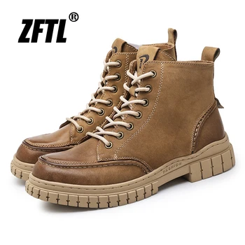 ZFTL erkek Retro Yüksek Top Ayakkabı Amerikan tarzı kalın tabanlı deri çizmeler Ovuşturdu Renk iş çizmeleri Üst Katman İnek Derisi Biker Botları