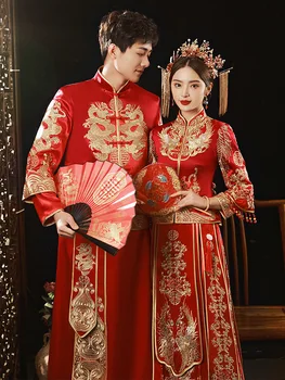 Çift Phoenix Ejderha Nakış düğün elbisesi Zarif Mandarin Yaka Cheongsam Çin Tarzı Zarif Evlilik Seti