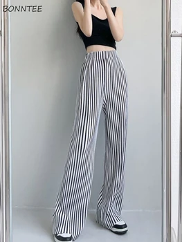Çizgili rahat pantolon Kadın Günlük Klasik Tüm Maç Geniş Bacak Basit Kore Tarzı Nefes Gevşek Tasarım Mujer Yaz Streetwear
