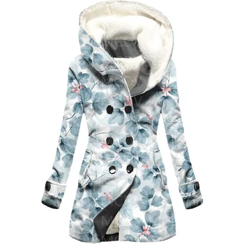 Çiçek 3D Baskılı Polar kapüşonlu pelerin Kadın Kalın sıcak tutan kaban kadın Kış Sıcak Palto 01