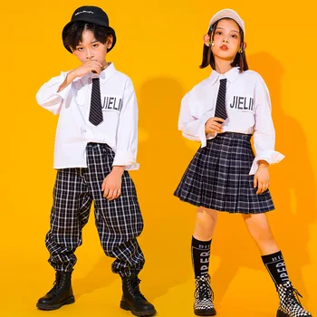 Çocuk Balo Salonu Hip Hop Giyim Kazak Ekose Pantolon Etek Kız Erkek Davul Konser dans kostümü Okul üniformaları Elbise Giymek