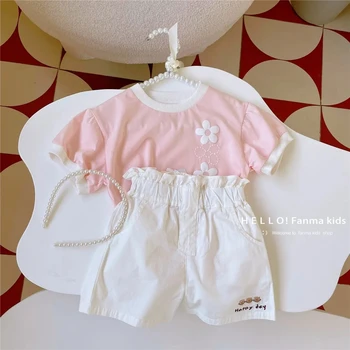 Çocuk giyim Yaz Kız Bebek Kısa Kollu Seti 2023 Yeni Koreli Kızlar Yuvarlak Boyun T-shirt Şort 2 ADET Set