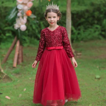 Çocuklar Payetli Elbise Kız Çiçek Kız Elbise Parti ve Düğün için Genç Giyim gelinlik modelleri Zarif Kız Balo Elbise