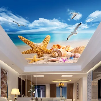 Özel 3D Fotoğraf Duvar Kağıdı Fresk Oturma Odası Yatak Odası Tavan Duvar Plaj Denizyıldızı Deniz Kuşu Duvar Kağıtları Ev Dekor Papel De Parede