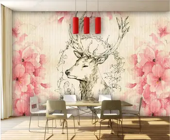 Özel duvar 3d fotoğraf duvar kağıdı Elle çizilmiş elk geyik kafası şeftali çiçeği ev dekor oturma odası duvar kağıdı duvarlar için 3 d rulo