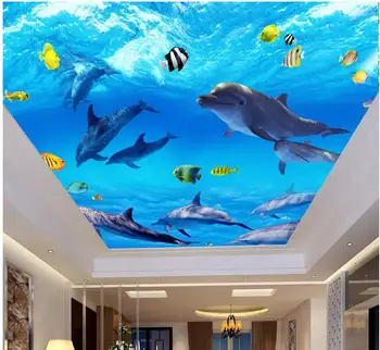 Özel fotoğraf 3d tavan duvar resimleri duvar kağıdı Mavi okyanus yunus balık Ev dekor oturma odası 3d duvar resimleri duvar kağıdı duvarlar için 3 d