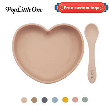 Özelleştirilebilir Logo 2021New Aşk Silikon yemek tabağı Tam Silikon kaşık seti Çocuk besleme kasesi Bebek Eğitim Sofra BPA Ücretsiz