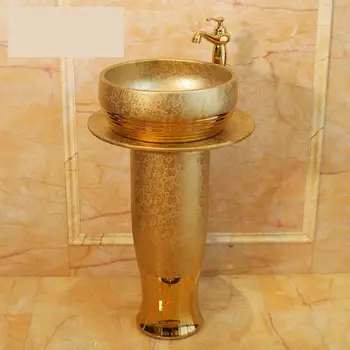 Üç Set Ayaklı lavabo Seramik Lavabo Oluklu Lotus Vestiyer Vanity Yıkama Lavabo altın
