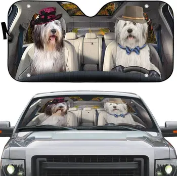Şapkalı Eski ingiliz Çoban Köpeği Mutlu Çift Soldan Direksiyonlu araba Güneşliği, Otoyolda araba Kullanan eski ingiliz çoban köpeği çift otomatik S