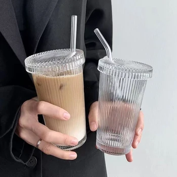 Şerit Cam kapaklı bardak Saman Japon Tarzı Içme Şık Kupalar Süt Kahve Drinkware Çay Doğum Günü Hediyeleri Viski Bardağı 375 ML