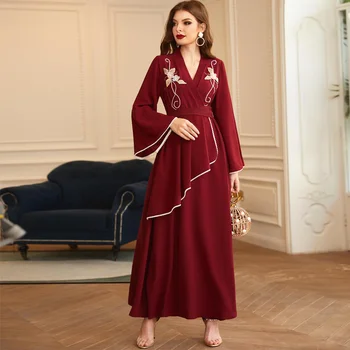 Kadın Elbise V Yaka Uzun Kollu Şarap Kırmızı Yün Topu İnci Elmas Elbise Abaya Muslin Dubai Türkiye Gevşek Elbise Kadın Giyim