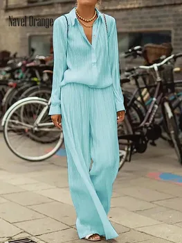 Kadın Kıyafeti uzun kollu giyim Geniş Bacak Pantolon İlkbahar Sonbahar Bayanlar Eşleşen Setleri 2022 Yüksek Bel Katı Takım Elbise Streetwear