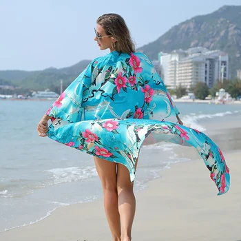 Kırmızı taçlı Vinç Baskı Plaj Cover Up Gevşek Hırka Plaj Elbise Bikini Güneş Koruma Gömlek Tatil