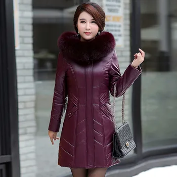 L-8XL Kadın Deri Ceket Kış Güzel Moda Anne Ceket Kalınlaşmak Sıcak Giyim Kürk Yaka Kapşonlu Koyun Derisi Palto Kadın