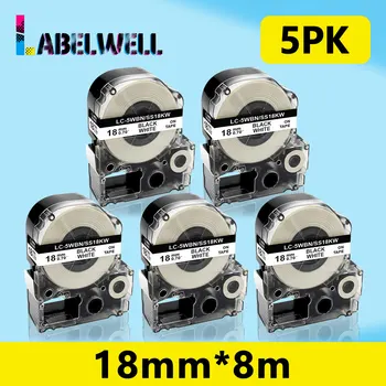 Labelwell 5PK SS18KW LC - 5WBN 18mm Siyah Beyaz etiket kaset için uyumlu Kingjim LW-400 LW-600P LW-1000P etiket Makinesi