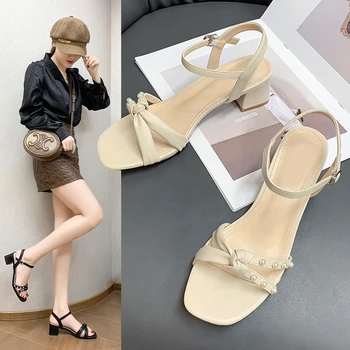 Topuk Ayakkabı Kadınlar için Yaz Moda Ayak Bileği Kayışı kadın Tıknaz topuk sandalet Vintage Elbise Burnu açık Bayanlar platform sandaletler Kore